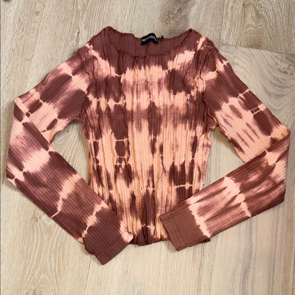 PrettyLittleThing Brown and Pink Tie-Dye Ribbed Blouse